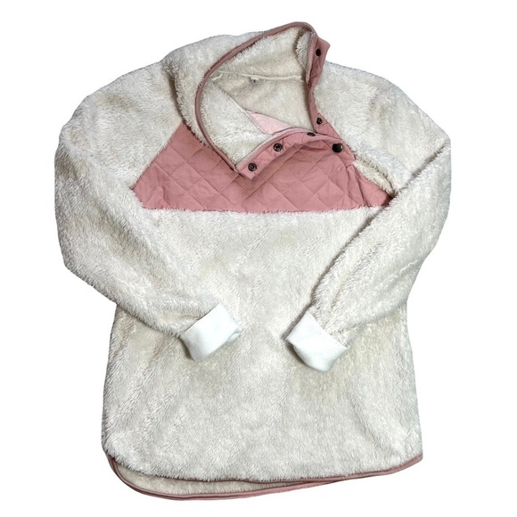 Boutique Pink White Fuzzy Teddy Bear Sherpa Pull On Sweatshirt Sweater Size S - Picture 10 of 15